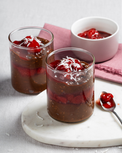 Chocolate Overnight Oats served in tall glass 