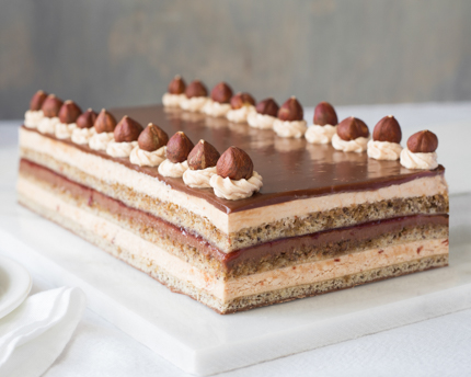 Gâteau opéra au chocolat au lait et aux cerises