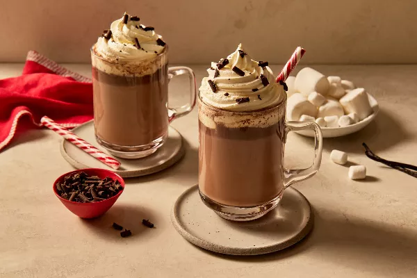 Deux tasses en verre de chocolat chaud à la vanille, garnies de crème fouettée et agrémentées de chocolat râpé et de bâtons de bonbon, reposant sur des soucoupes et accompagnées de guimauves, de chocolat râpé et de gousses de vanille