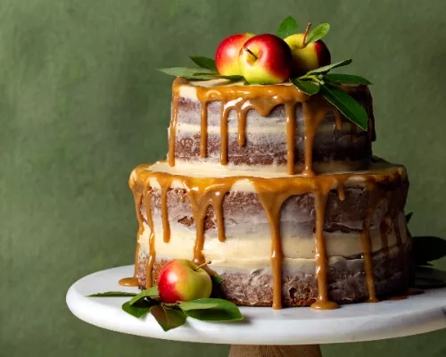 Sur fond vert, gâteau nu étagé aux pommes et épices sur un présentoir à gâteau avec des pommes