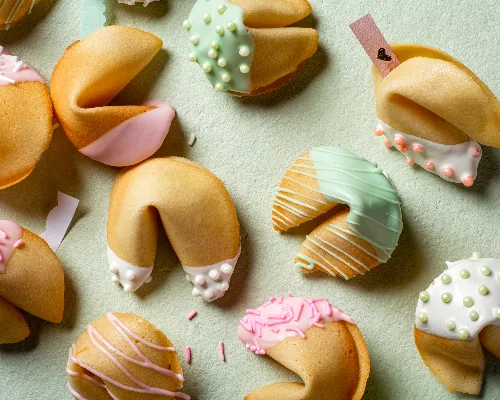 Biscuits chinois trempés dans du glaçage et décorés de confettis