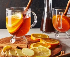 Deux grogs chauds dans des mugs en verre garnis de tranches d'orange, de bâtons de cannelle et de tranches de gingembre